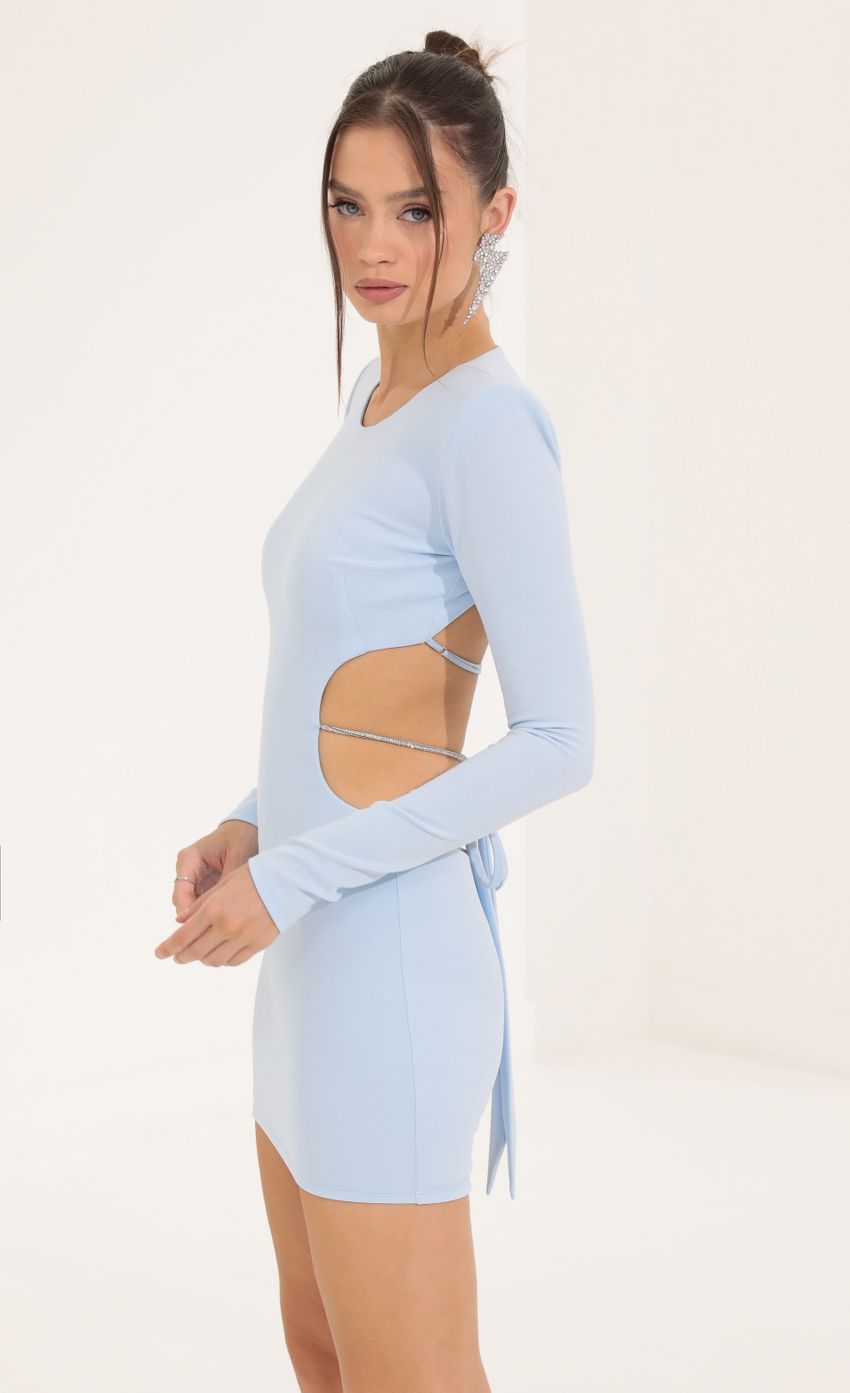 Picture Crepe Shoulder Pad Cutout Dress in Blue. Source: https://media-img.lucyinthesky.com/data/Sep22/850xAUTO/ac0f4382-1e28-459f-9517-515ad201a094.jpg