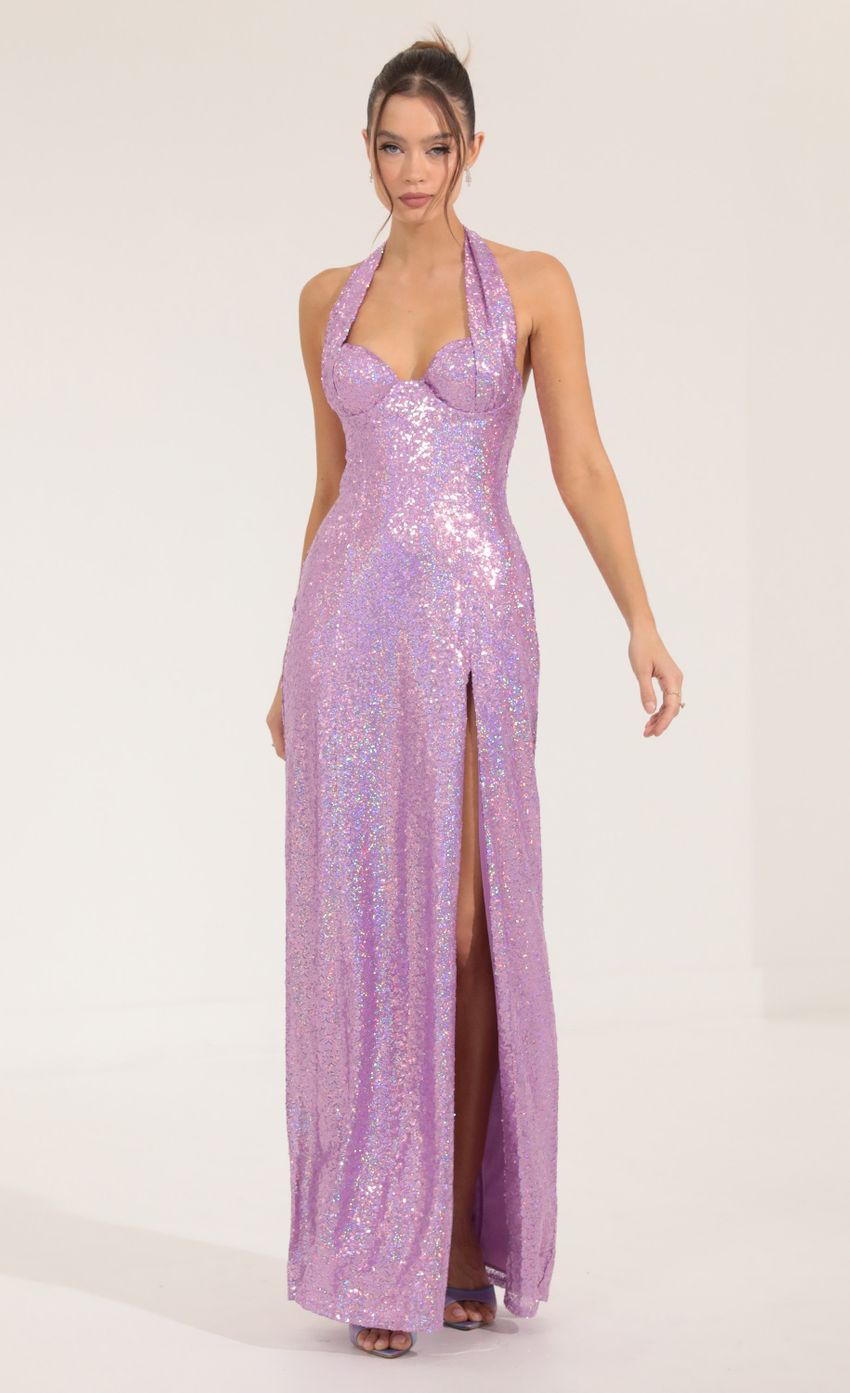Picture Darcia Sequin Halter Maxi Dress in Purple. Source: https://media-img.lucyinthesky.com/data/Sep22/850xAUTO/b4ff1f74-2448-460c-ba9d-7370e04d1efe.jpg