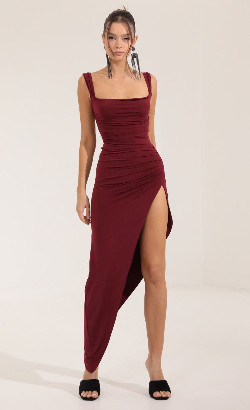 Picture Ruched Side Slit Maxi Dress in Red. Source: https://media-img.lucyinthesky.com/data/Sep22/850xAUTO/b51f782b-0df7-489d-aa7e-372118a6f330.jpg