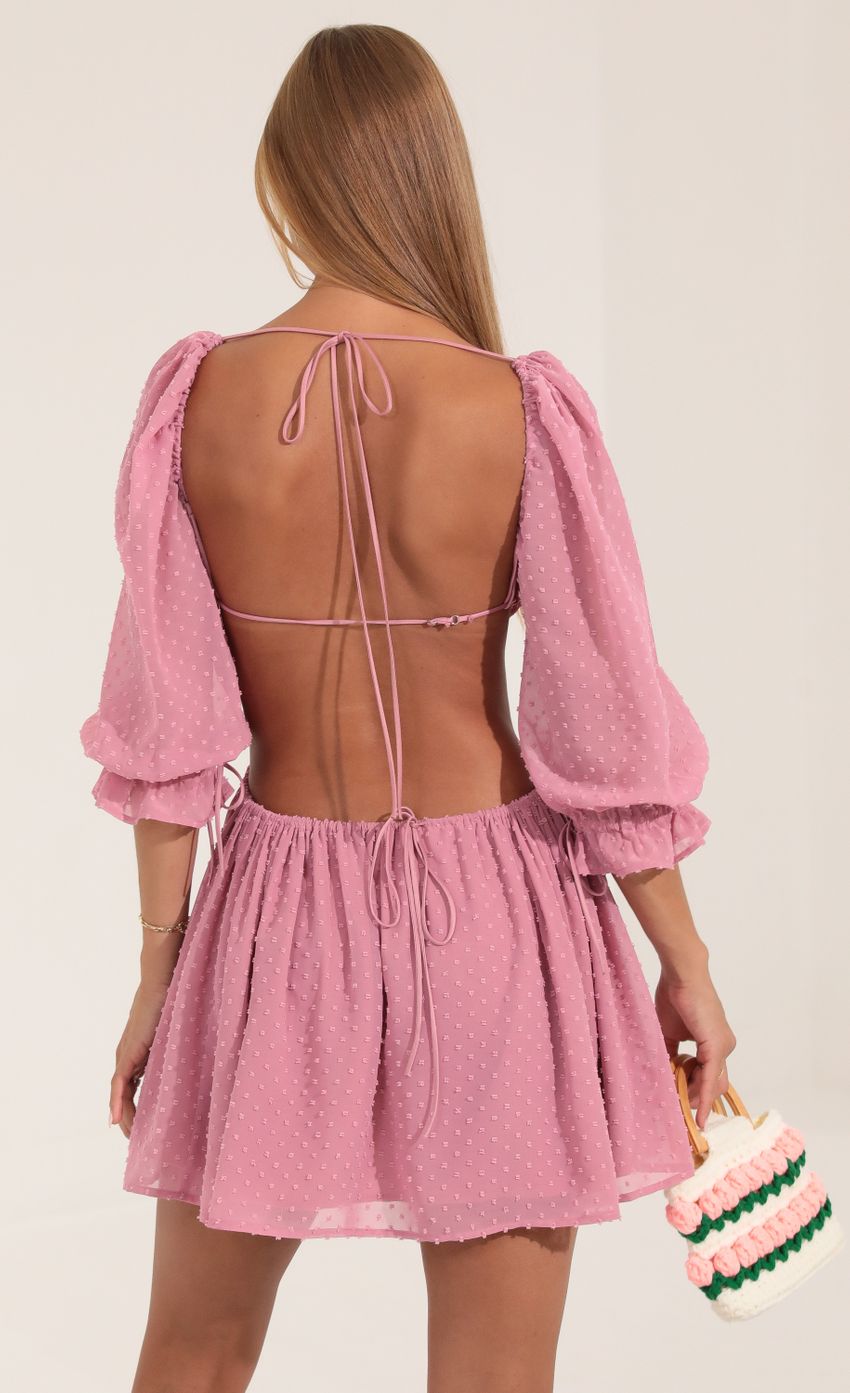 Picture Dotted Chiffon Open Back Dress in Pink. Source: https://media-img.lucyinthesky.com/data/Sep22/850xAUTO/b852a913-cd45-4ecc-ab43-da217af97cd3.jpg