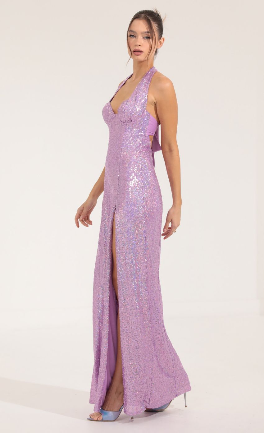 Picture Darcia Sequin Halter Maxi Dress in Purple. Source: https://media-img.lucyinthesky.com/data/Sep22/850xAUTO/b9f9f1b8-55b5-43fe-8630-16654eac5f32.jpg