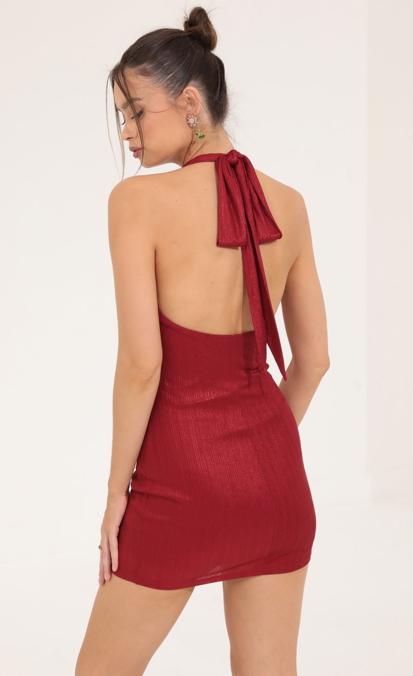 Picture Ribbed Metallic Halter Dress in Red. Source: https://media-img.lucyinthesky.com/data/Sep22/850xAUTO/c183442d-c649-4fc5-b1cc-facfe352b3cb.jpg