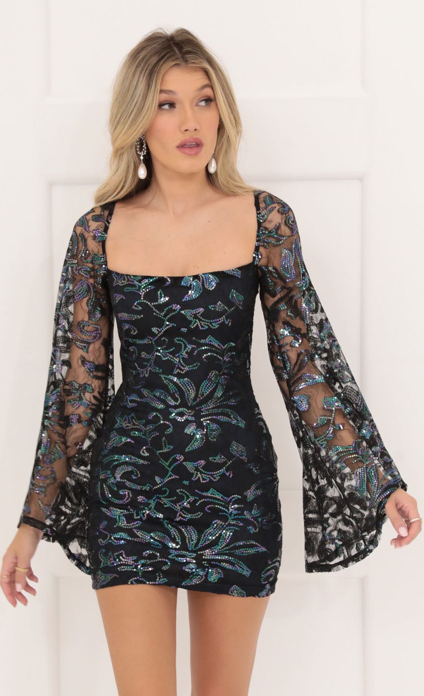 Picture Black Mesh Sequin Flare Sleeve Dress in Navy. Source: https://media-img.lucyinthesky.com/data/Sep22/850xAUTO/c6ed293f-361d-46f4-bce2-d33bac57e2bf.jpg
