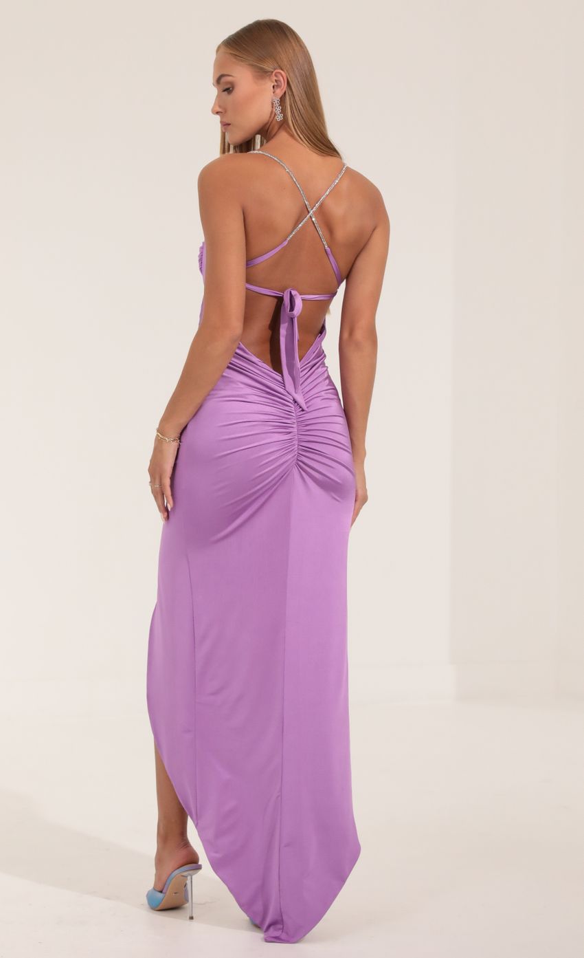 Picture Ruched Open Back Maxi Dress in Purple. Source: https://media-img.lucyinthesky.com/data/Sep22/850xAUTO/c9157bc4-007c-4ea7-ba1b-6650c85bc855.jpg
