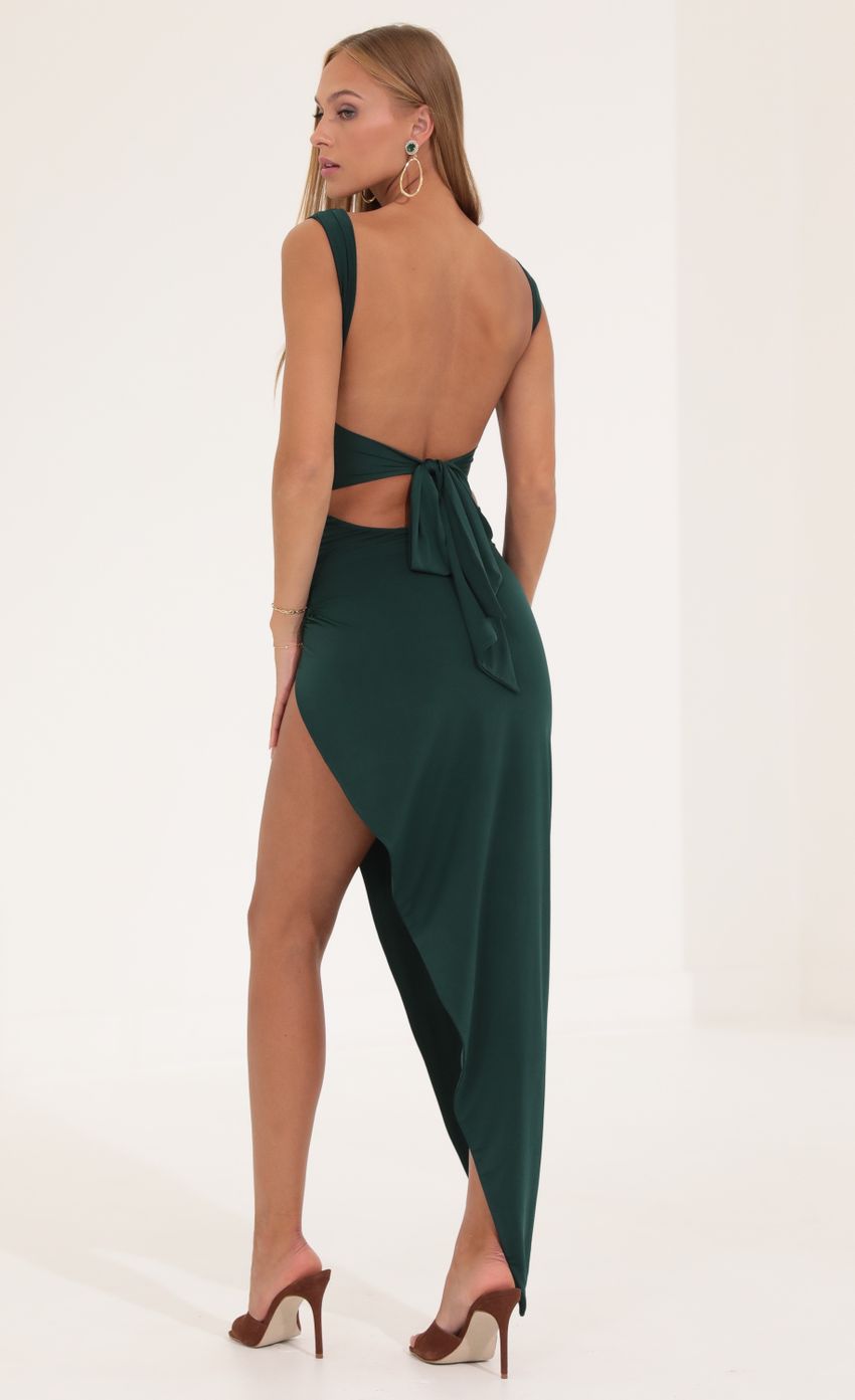 Picture Ruched Side Slit Maxi Dress in Green. Source: https://media-img.lucyinthesky.com/data/Sep22/850xAUTO/d6e2682b-76ed-42d7-8bec-c5e91e74d9a6.jpg