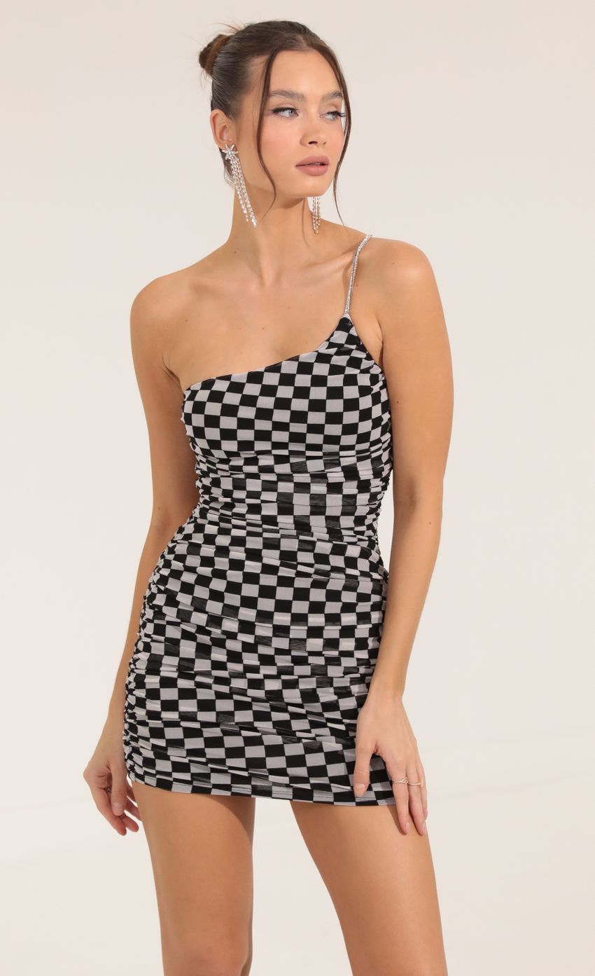 Picture Checkered Mesh One Shoulder Dress in Black and White. Source: https://media-img.lucyinthesky.com/data/Sep22/850xAUTO/e61bb05e-6ea0-45de-aad4-b3b1ff338513.jpg