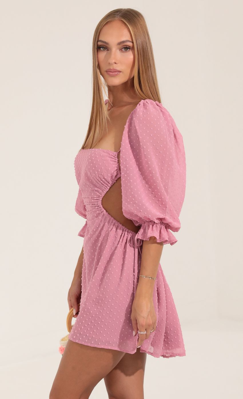 Picture Dotted Chiffon Open Back Dress in Pink. Source: https://media-img.lucyinthesky.com/data/Sep22/850xAUTO/ef125673-7b12-40c7-9a0c-a544ea8ab397.jpg