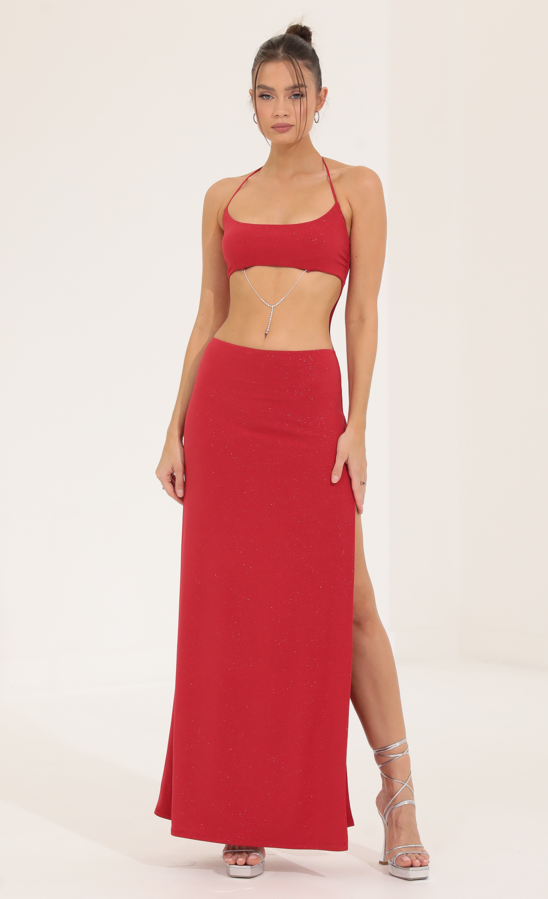 Glitter Tummy Cutout Maxi Dress in Red