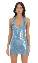 Picture Holographic Halter Bodycon Dress in Blue. Source: https://media-img.lucyinthesky.com/data/Sep23/150xAUTO/1a360079-2221-4d42-960d-19d5e55b6172.jpg