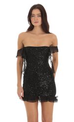 Picture Sequin Off Shoulder Dress in Black. Source: https://media-img.lucyinthesky.com/data/Sep23/150xAUTO/1d9cdee8-ffa3-4910-b919-1f2fc04f806d.jpg