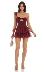 Picture One Shoulder Ruffle Dress in Burgundy. Source: https://media-img.lucyinthesky.com/data/Sep23/150xAUTO/2419157b-ffcc-4af7-b76d-bf462d8b234a.jpg