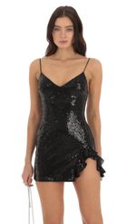 Picture Sequin V-Neck Dress in Black. Source: https://media-img.lucyinthesky.com/data/Sep23/150xAUTO/3a86178c-6ffa-4cd1-8024-ed34a1e9db21.jpg