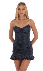 Picture Satin Ruched Bodycon Dress in Navy. Source: https://media-img.lucyinthesky.com/data/Sep23/150xAUTO/69b4e9e0-129a-4671-a159-339ad500e19a.jpg