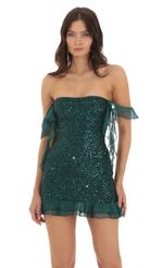 Picture Kiraz Sequin Off Shoulder Dress in Green. Source: https://media-img.lucyinthesky.com/data/Sep23/150xAUTO/7283abbd-7eae-4f57-8f4a-40e7a0a40a9f.jpg