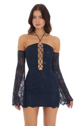 Picture Lace Sequin Off Shoulder Dress in Navy. Source: https://media-img.lucyinthesky.com/data/Sep23/150xAUTO/7c87d915-aa48-4920-bdc4-516974289180.jpg