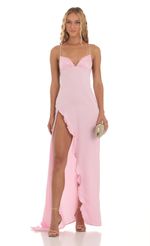 Picture Siobhán Satin Ruffle Maxi Dress in Pink. Source: https://media-img.lucyinthesky.com/data/Sep23/150xAUTO/a0bc6960-a97e-4120-9510-6b7694c76930.jpg