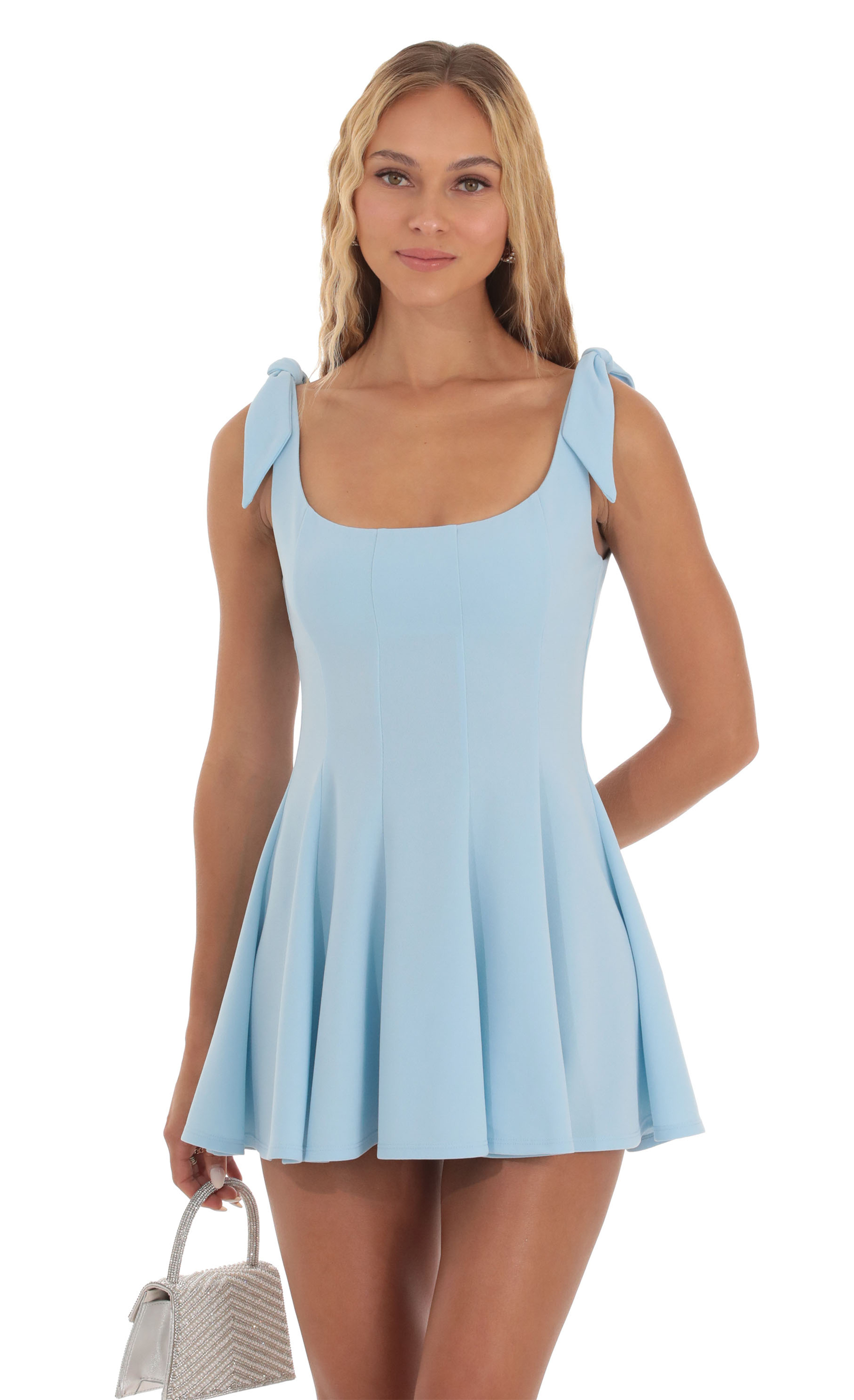 Shoulder Ties Pleated Fit and Flare Dress in Blue