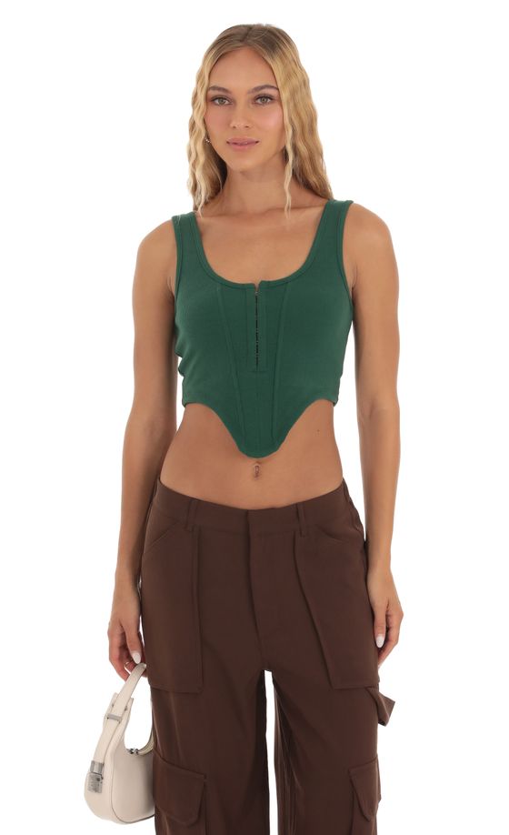 Ribbed Corset Tank Top in Green