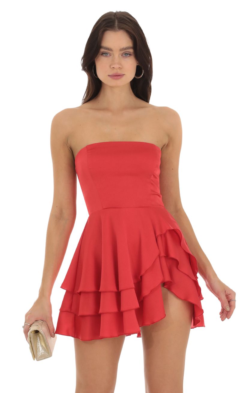 Red dress occasional short cut cloche asymmetrical from tulle strapless