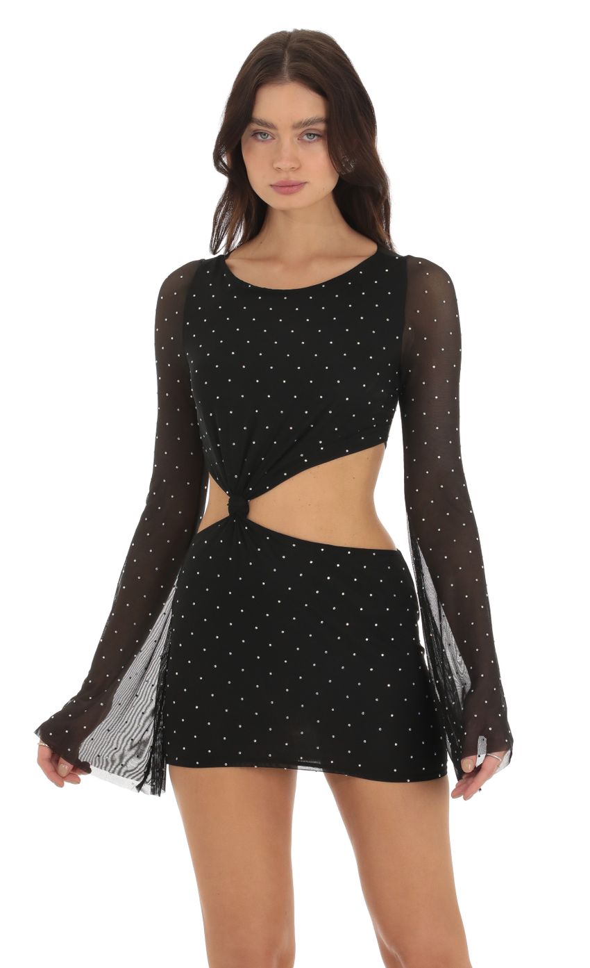 Product image for Atropos Mesh Rhinestone Knot Dress in Black