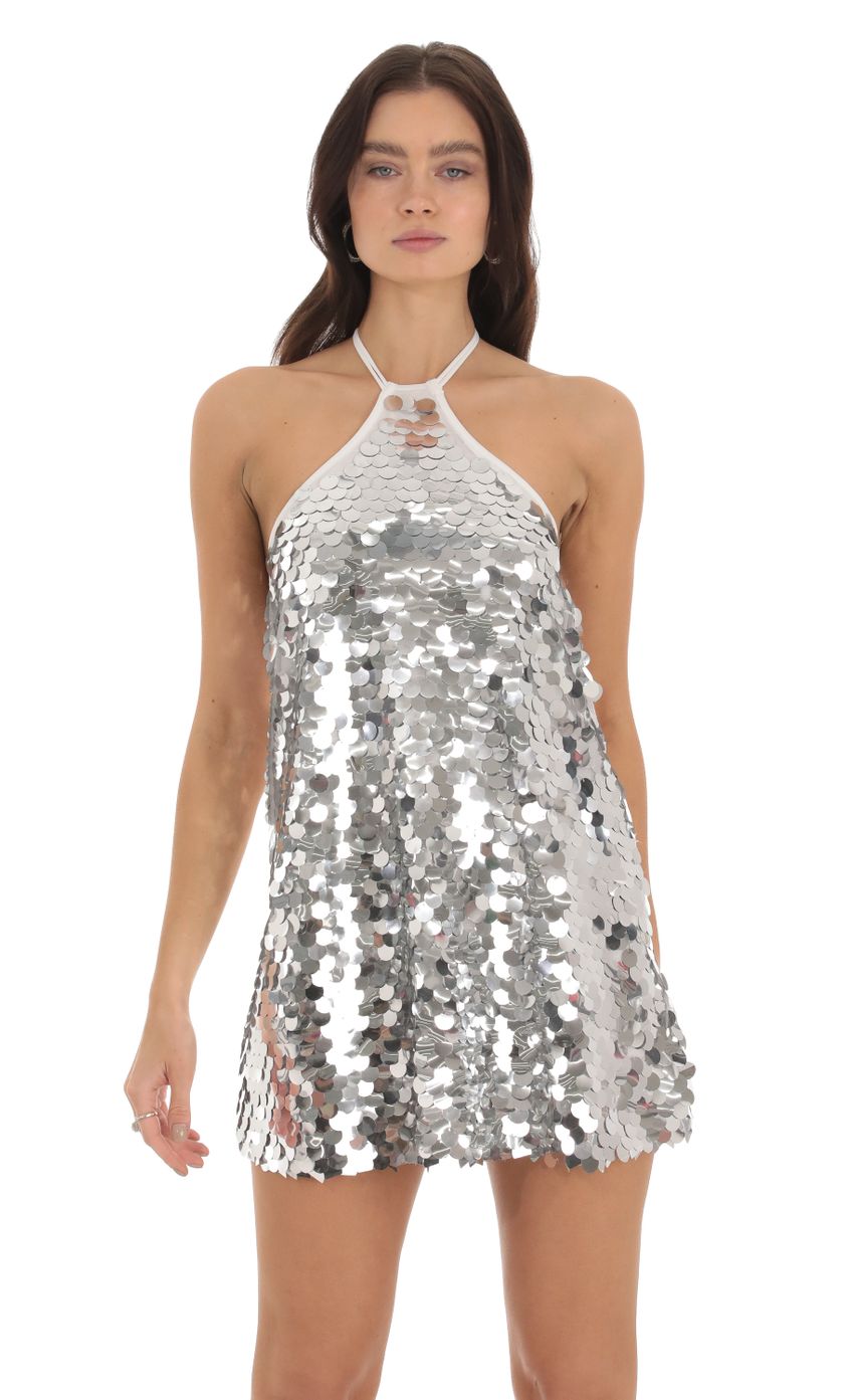 Picture Maya Sequin Halter Dress in Silver. Source: https://media-img.lucyinthesky.com/data/Sep23/850xAUTO/0c3a9db7-d279-453b-8b36-b340bdf783c3.jpg