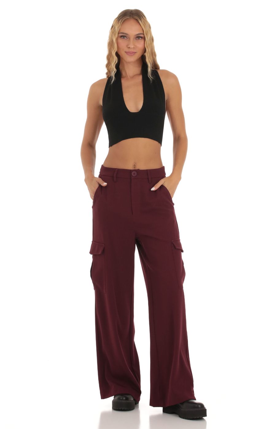Picture Wide Leg Cargo Pants in Maroon. Source: https://media-img.lucyinthesky.com/data/Sep23/850xAUTO/0d226306-069d-4b7c-b046-9703596bffac.jpg