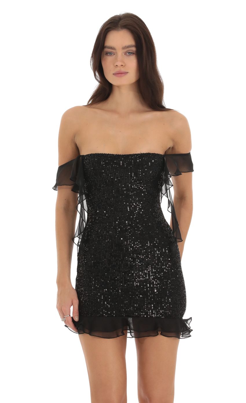 Picture Sequin Off Shoulder Dress in Black. Source: https://media-img.lucyinthesky.com/data/Sep23/850xAUTO/1d9cdee8-ffa3-4910-b919-1f2fc04f806d.jpg