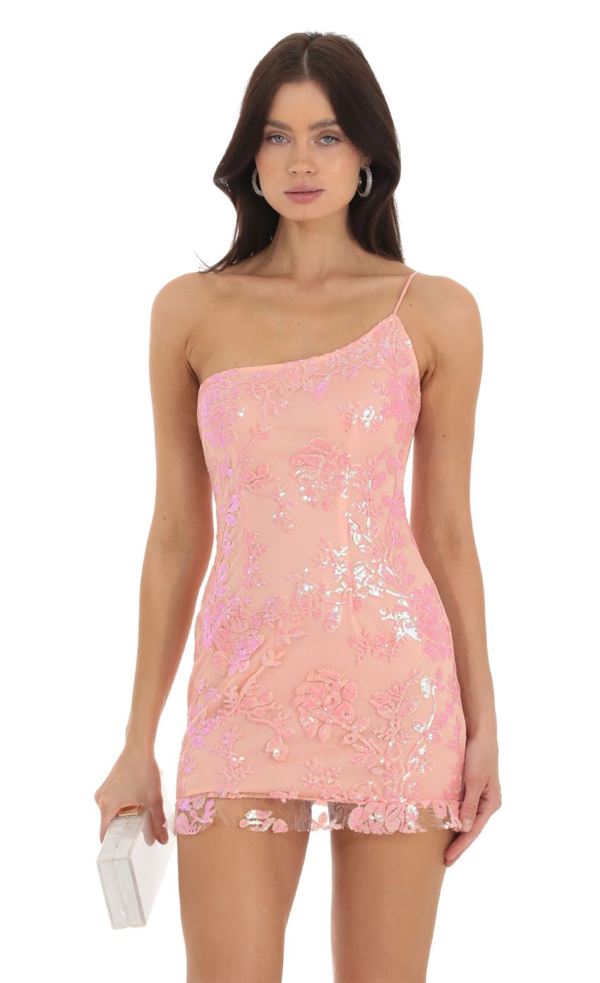 Picture Myah Sequin One Shoulder Dress in Peach. Source: https://media-img.lucyinthesky.com/data/Sep23/850xAUTO/29f0f317-9792-4e4d-ae0c-3ce2e3f9cecf.jpg