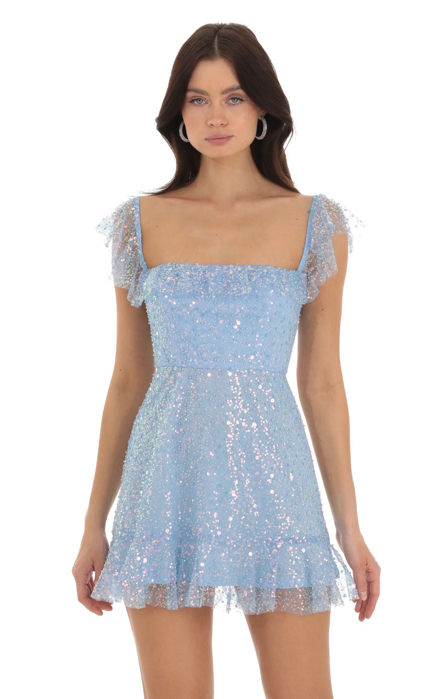 Picture Celosia Sequin Ruffle Dress in Blue. Source: https://media-img.lucyinthesky.com/data/Sep23/850xAUTO/2ec3976b-bae7-4ef3-9b02-84a7927a5fbb.jpg