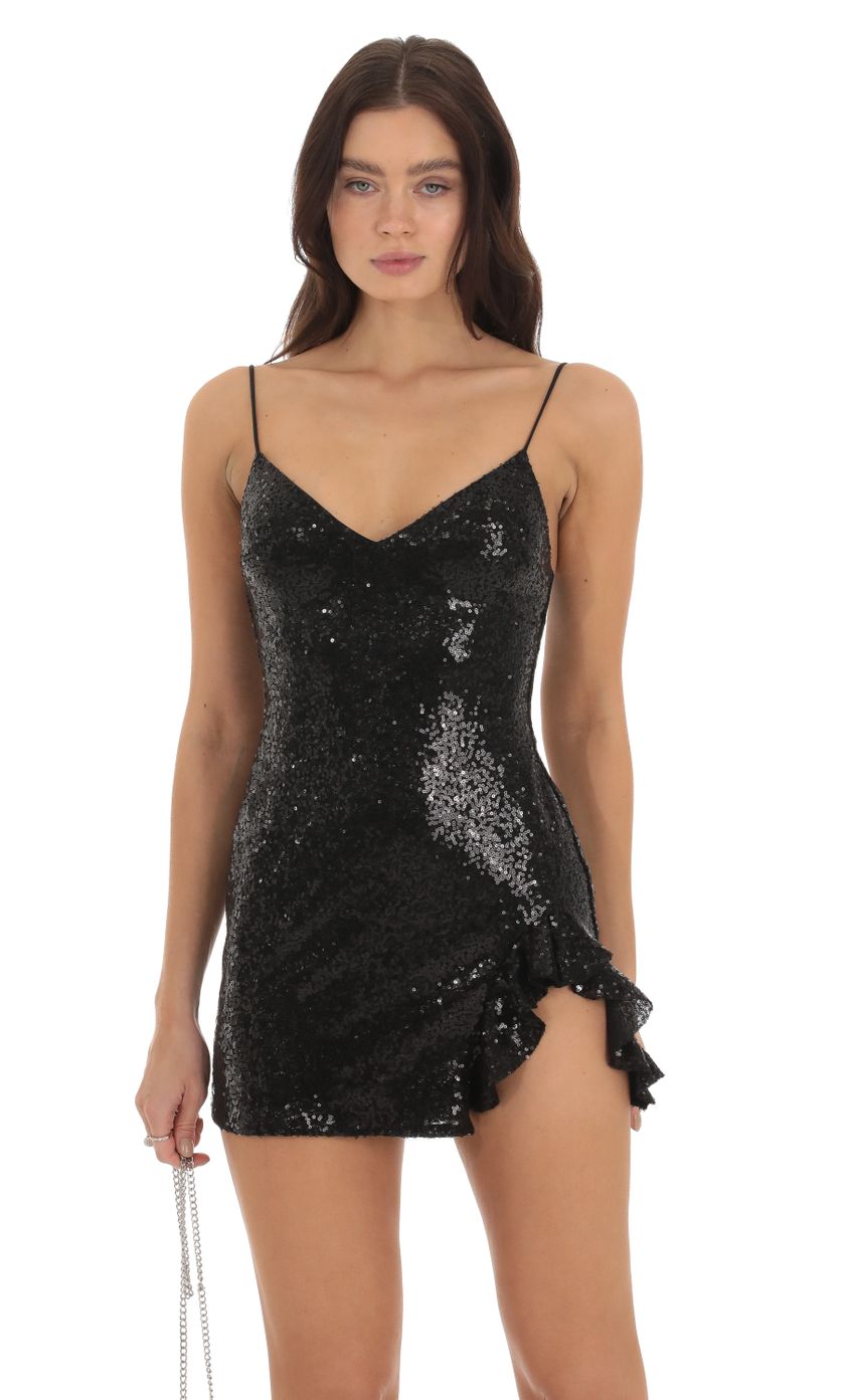 Picture Sequin V-Neck Dress in Black. Source: https://media-img.lucyinthesky.com/data/Sep23/850xAUTO/3a86178c-6ffa-4cd1-8024-ed34a1e9db21.jpg