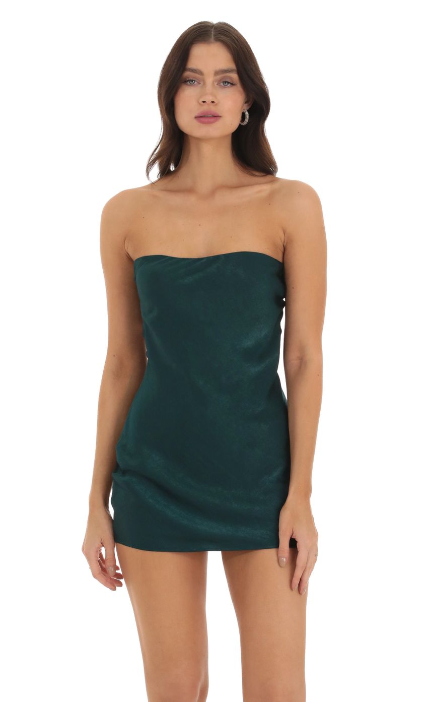 Picture Satin Strapless Open Back Dress in Green. Source: https://media-img.lucyinthesky.com/data/Sep23/850xAUTO/3ea728d6-c235-4ceb-a295-0af1c575ae5b.jpg