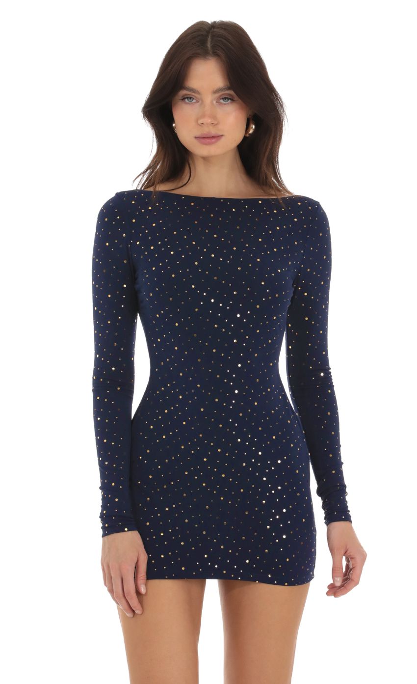 Picture Shimmer Open Back Dress in Navy. Source: https://media-img.lucyinthesky.com/data/Sep23/850xAUTO/43c77420-d178-43e9-889b-df7c8dc5ae5f.jpg