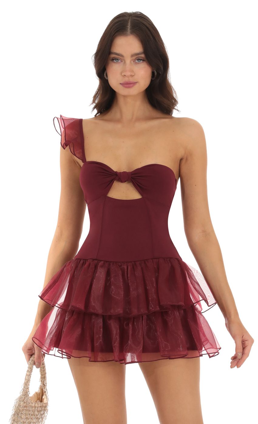 Picture One Shoulder Ruffle Dress in Burgundy. Source: https://media-img.lucyinthesky.com/data/Sep23/850xAUTO/45adcf79-04f5-4b6c-93c3-7a66efaca281.jpg