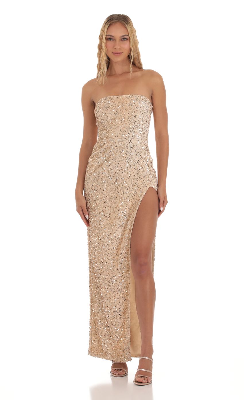 Picture Velvet Sequin Strapless Dress in Champagne. Source: https://media-img.lucyinthesky.com/data/Sep23/850xAUTO/4ca8c4ee-0623-4993-8ea7-a1d86e0be2c3.jpg