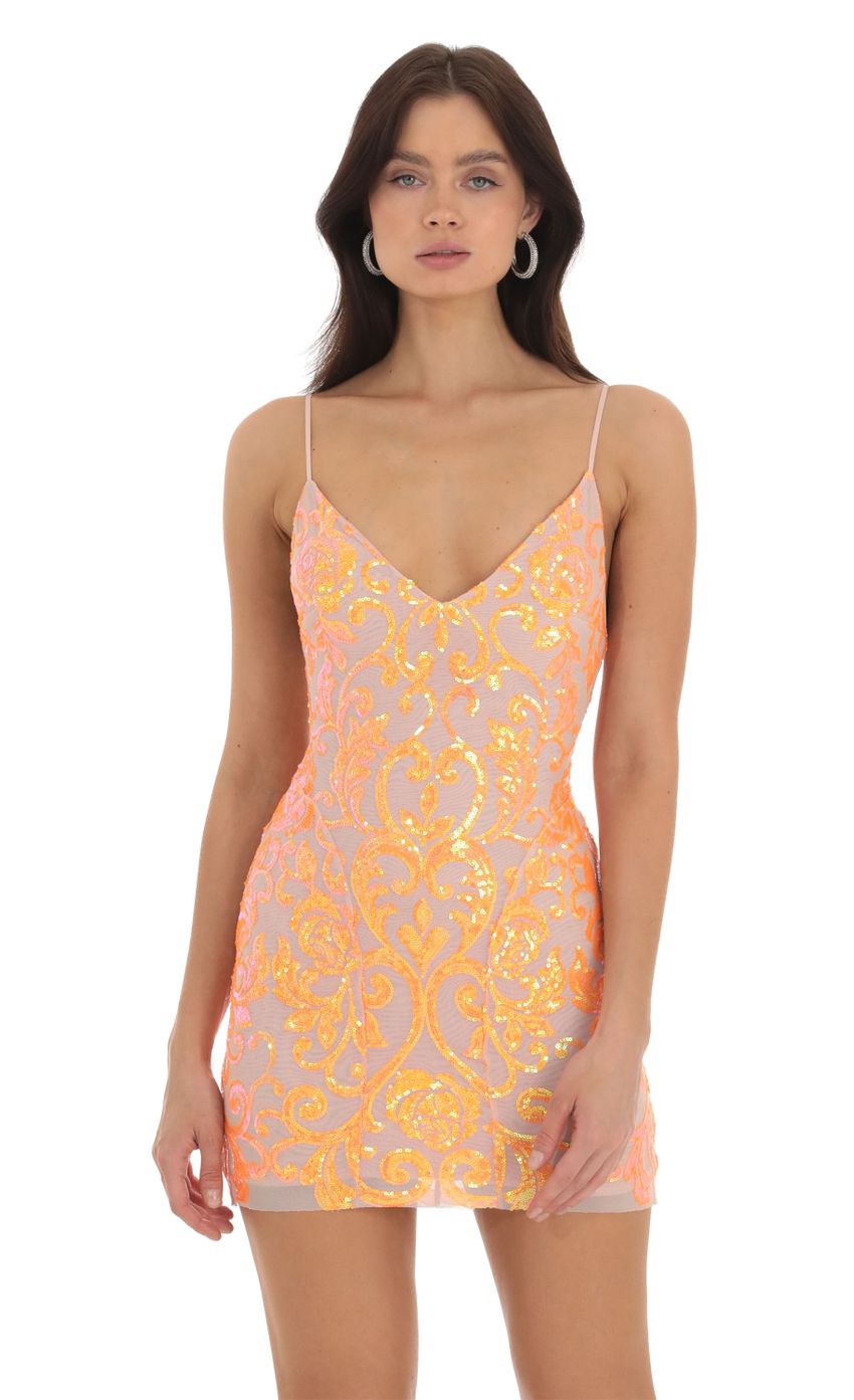 Picture Dovy Orange Sequin Bodycon Dress in Nude. Source: https://media-img.lucyinthesky.com/data/Sep23/850xAUTO/5a890d71-80ba-4f8b-806d-dd0288d97235.jpg