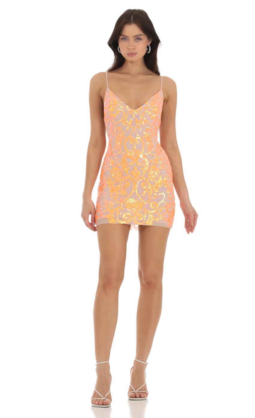 Picture Dovy Orange Sequin Bodycon Dress in Nude. Source: https://media-img.lucyinthesky.com/data/Sep23/850xAUTO/5f898d65-c076-4265-afe5-ab5dfc3adf5a.jpg