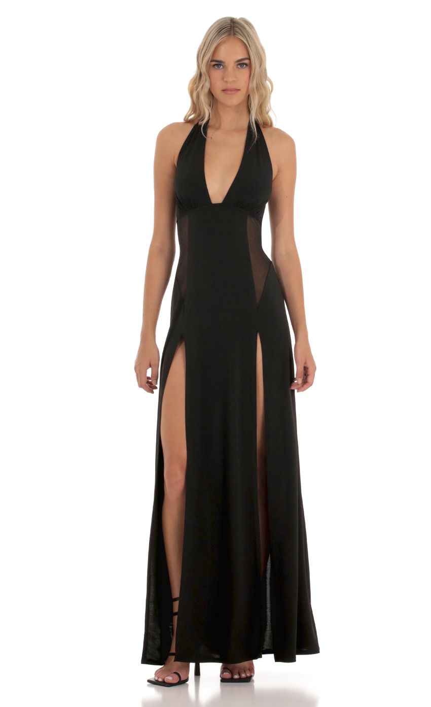 Picture Sunnie Halter Double Slit Maxi Dress in Black. Source: https://media-img.lucyinthesky.com/data/Sep23/850xAUTO/65477a3f-4efa-4a36-bb63-ebefa85a9a60.jpg