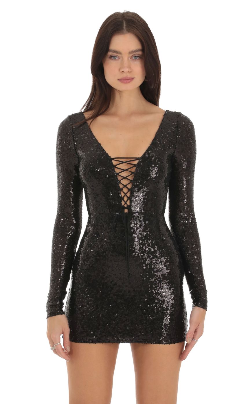 Picture Sequin Plunge Neck Dress in Black. Source: https://media-img.lucyinthesky.com/data/Sep23/850xAUTO/66ecc543-2f61-4f71-bc93-a40dd531537f.jpg