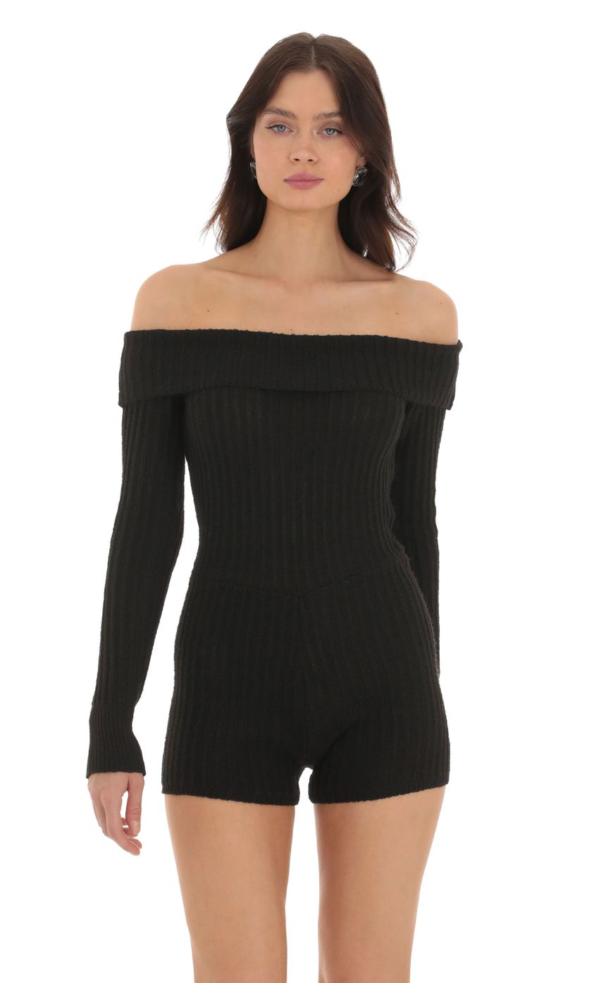Picture Off Shoulder Knit Romper in Black. Source: https://media-img.lucyinthesky.com/data/Sep23/850xAUTO/7193be1b-98ba-4146-b5d6-8f6fd48e4a32.jpg