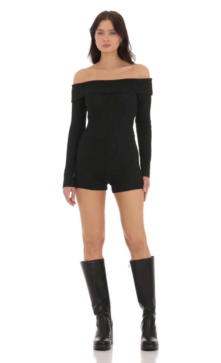 Picture Off Shoulder Knit Romper in Black. Source: https://media-img.lucyinthesky.com/data/Sep23/850xAUTO/76dcdd01-fbed-407a-aada-5717a6db8383.jpg