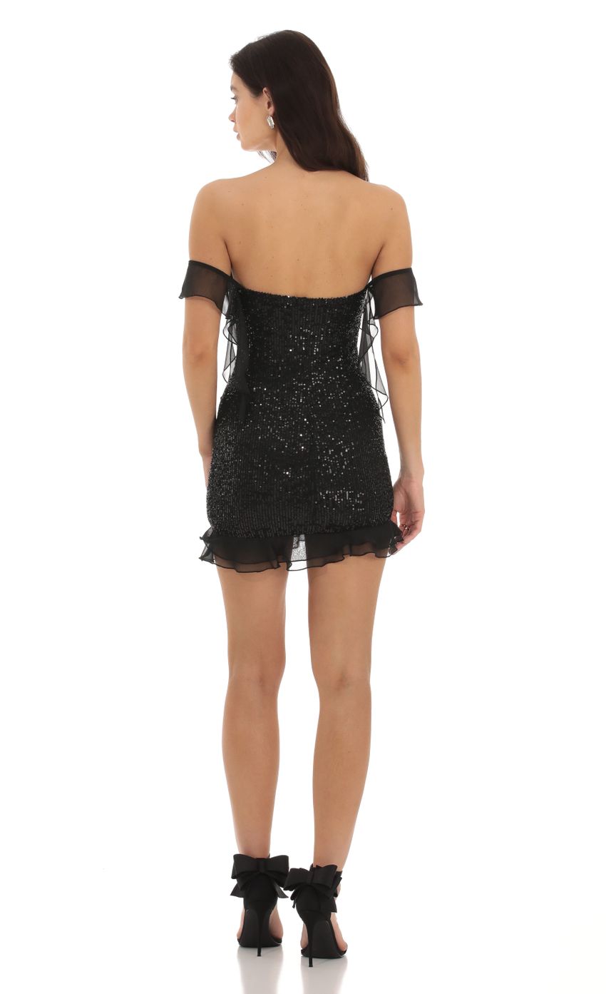 Picture Sequin Off Shoulder Dress in Black. Source: https://media-img.lucyinthesky.com/data/Sep23/850xAUTO/7930b5cd-91f8-4301-ae27-947249f6ddf1.jpg