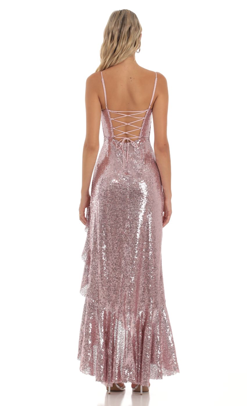 Picture Sequin Ruffle Dress in Rose Gold. Source: https://media-img.lucyinthesky.com/data/Sep23/850xAUTO/7cf69d03-1aa2-476d-94f8-d0a9c965b30e.jpg