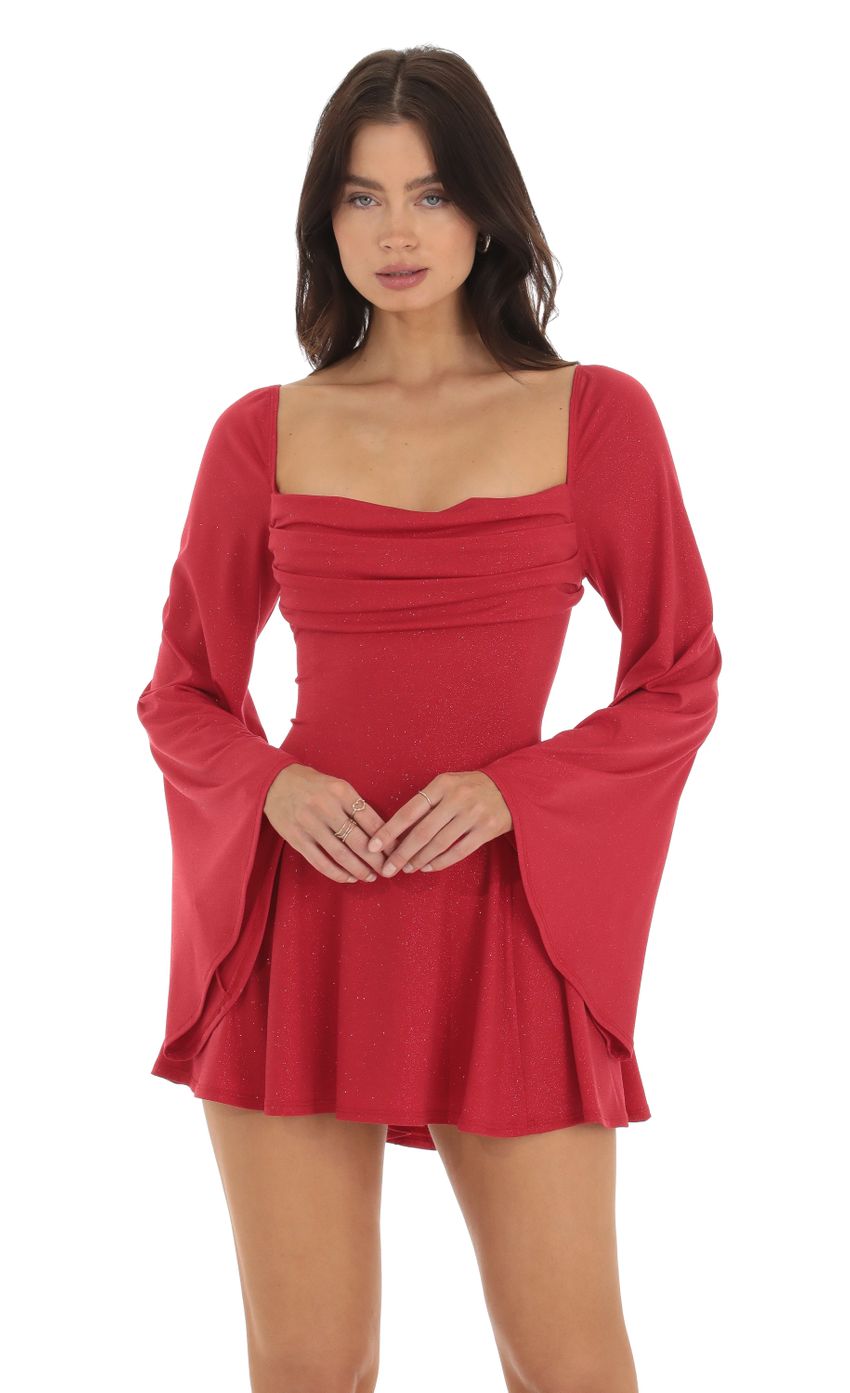 Picture Shimmer Flare Sleeve Dress in Red. Source: https://media-img.lucyinthesky.com/data/Sep23/850xAUTO/7d673fd5-783a-4159-ae65-fe155cd9d1f1.jpg