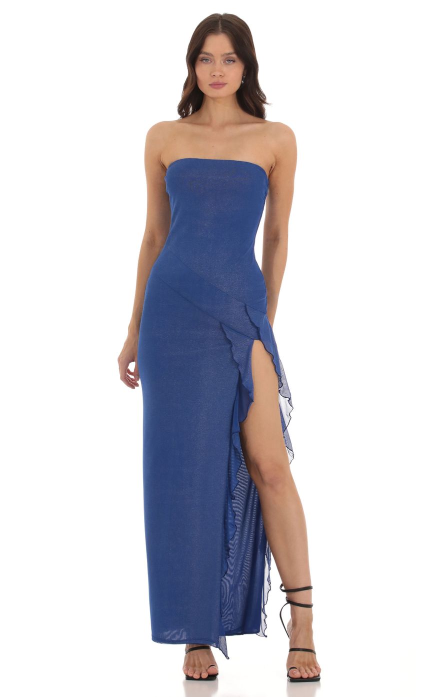 Product image for Akiko Shimmer Ruffle Slit Dress in Blue