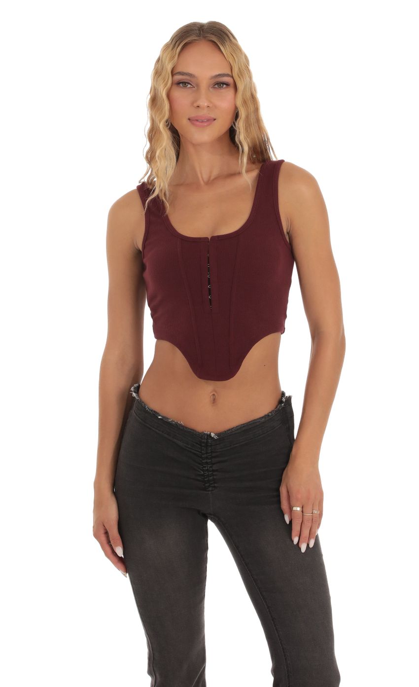 Picture Ribbed Corset Tank Top in Maroon. Source: https://media-img.lucyinthesky.com/data/Sep23/850xAUTO/8ce5171f-6d31-4876-9254-eb34baf4f9d3.jpg