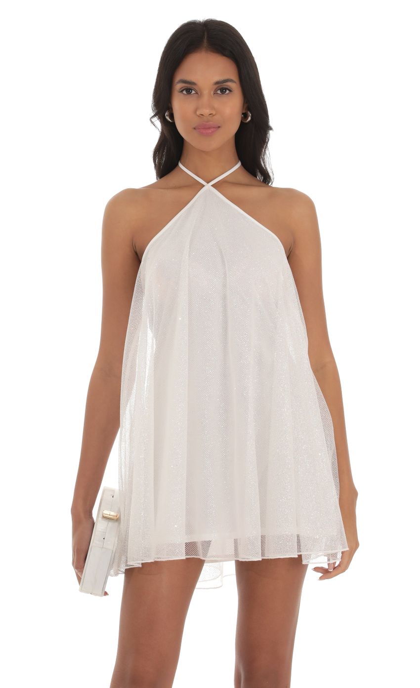 Picture Shimmer Halter Shift Dress in White. Source: https://media-img.lucyinthesky.com/data/Sep23/850xAUTO/8fe46af7-d6b9-47dd-9355-95dfe59f945f.jpg