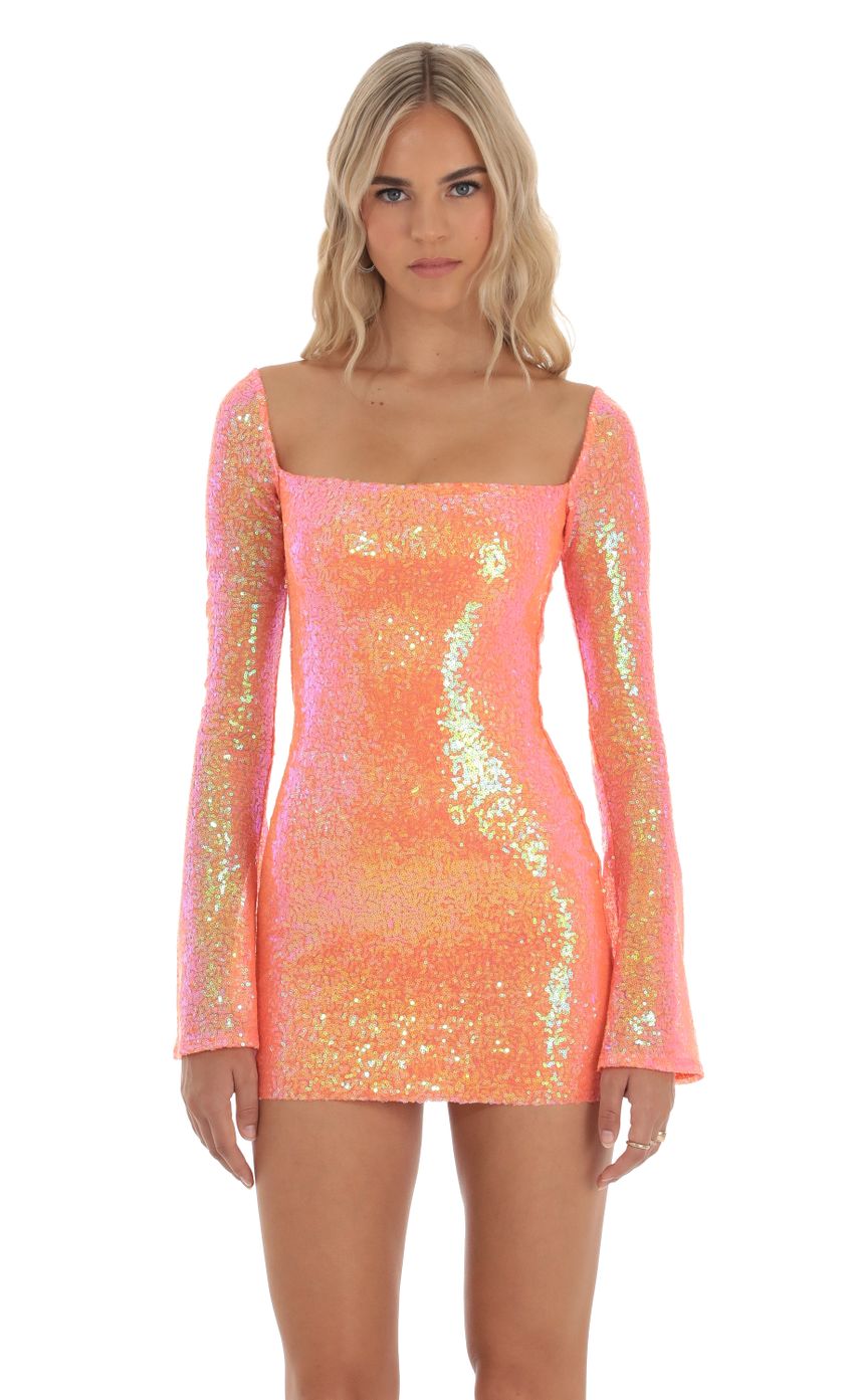 Picture Iridescent Sequin Long Sleeve Dress in Orange. Source: https://media-img.lucyinthesky.com/data/Sep23/850xAUTO/962c6fa8-3da4-4541-8583-118f0d4d9590.jpg