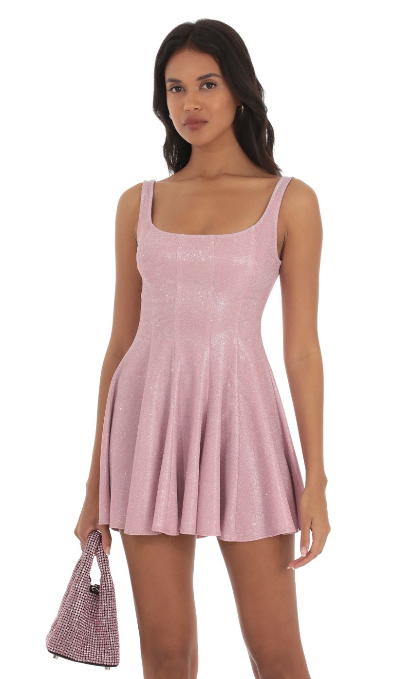 Picture Shimmer Fit and Flare Dress in Pink. Source: https://media-img.lucyinthesky.com/data/Sep23/850xAUTO/9951feb9-6ab2-4072-9e72-ac5fb02b095b.jpg