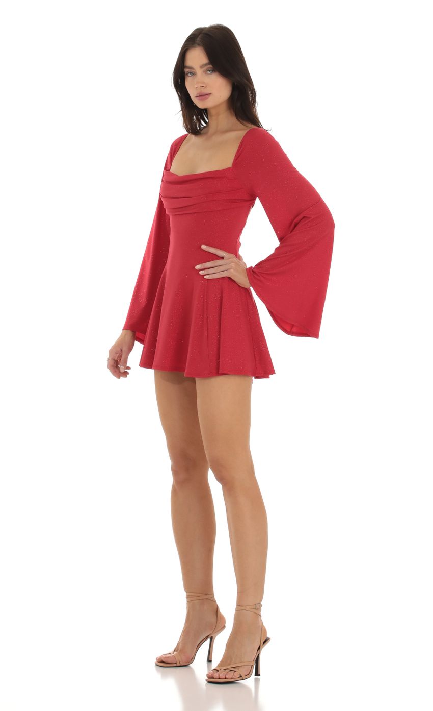 Picture Shimmer Flare Sleeve Dress in Red. Source: https://media-img.lucyinthesky.com/data/Sep23/850xAUTO/9b0f02c8-a2e5-4b46-8bd3-6cb0a6f5a358.jpg