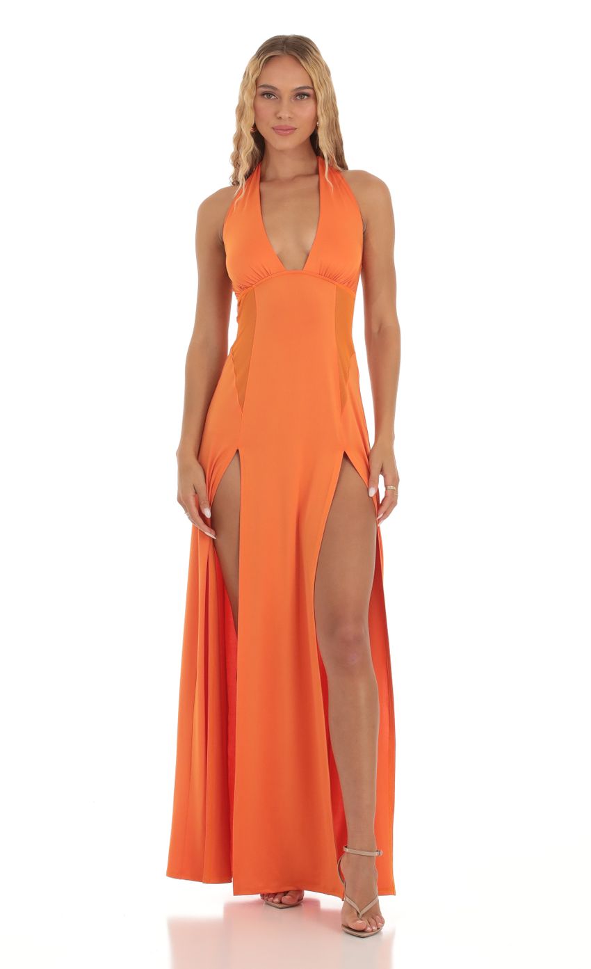 Picture Halter Double Slit Maxi Dress in Orange. Source: https://media-img.lucyinthesky.com/data/Sep23/850xAUTO/9d63e7e5-e19e-4f77-b486-2763d22b240b.jpg